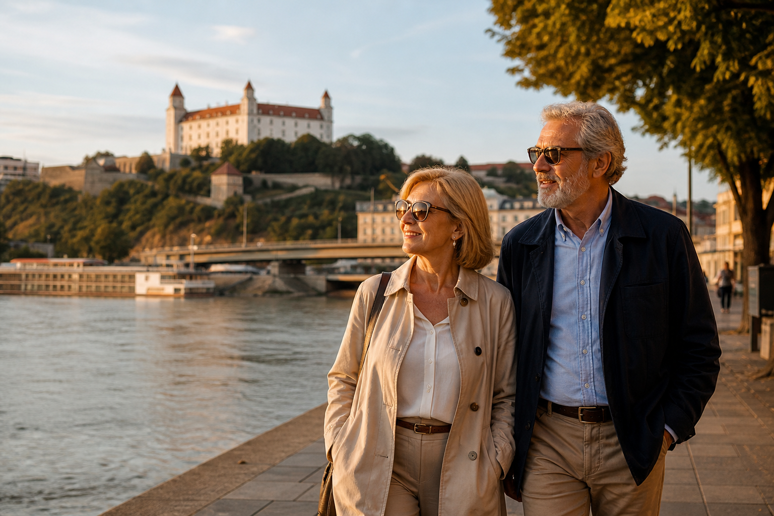 Coppia matura sul lungofiume a Bratislava al tramonto