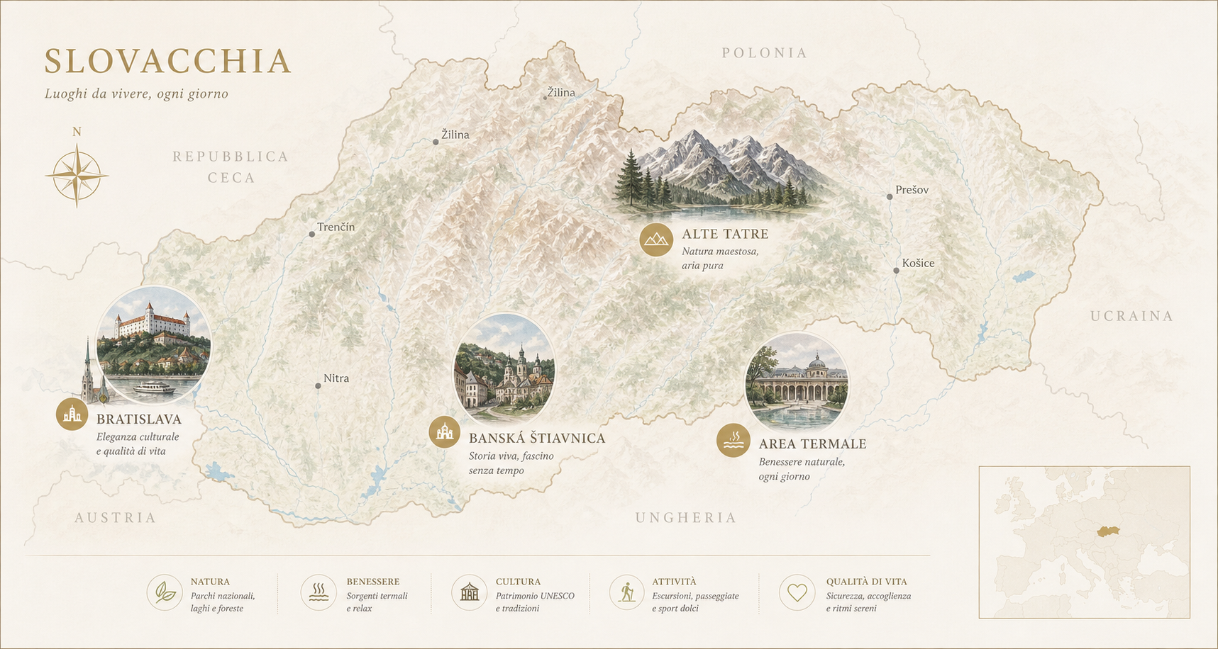 Mappa illustrata della Slovacchia con Bratislava, Banska Stiavnica, area termale e Alte Tatre
